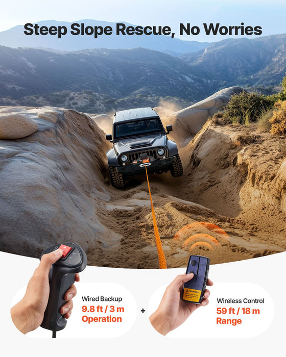 Electric Winch, 5400 kg Load Capacity, 12V DC Truck Winch with Φ9.1 mm x 23 m Synthetic Rope, Wireless & Wired Remote Control, IP55 Waterproof for Towing Off-Road SUV Jeep Trailer Boat