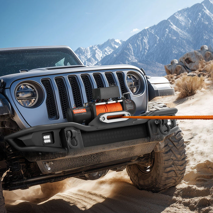 Electric Winch, 5400 kg Load Capacity, 12V DC Truck Winch with Φ9.1 mm x 23 m Synthetic Rope, Wireless & Wired Remote Control, IP55 Waterproof for Towing Off-Road SUV Jeep Trailer Boat