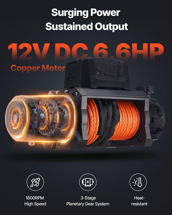 Electric Winch, 5400 kg Load Capacity, 12V DC Truck Winch with Φ9.5 mm x 28 m Synthetic Rope, Wireless & Wired Remote Control, IP67 Waterproof for Towing Off-Road SUV Jeep Trailer Boat