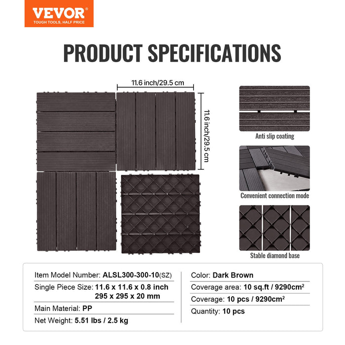 VEVOR Interlocking Deck Tiles, 10 Pack,12"x12" 10 sq. ft Plastic Waterproof Outdoor Flooring All Weather Use, Patio Floor Decking Covering Tiles for Porch Poolside Balcony Backyard, Dark Brown
