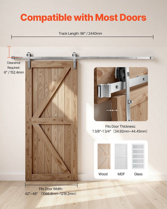 8FT Sliding Barn Door Hardware Kit, 330 LBS Weight Capacity, Compatible with 42 to 48 Inches Width & 1-3/8 to 1-3/4 Inches Thickness Single Sliding Barn Door, Durable Track & J-shape Roller