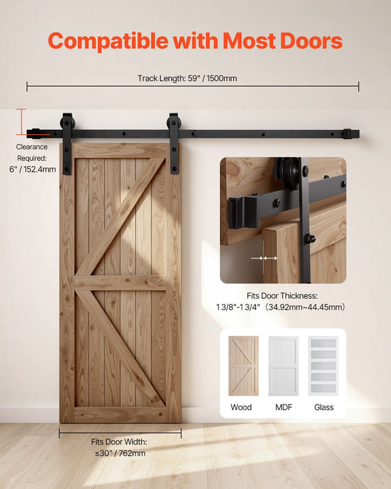 VEVOR 1500 mm Sliding Barn Door Hardware Kit for Single Sliding Barn Door Black