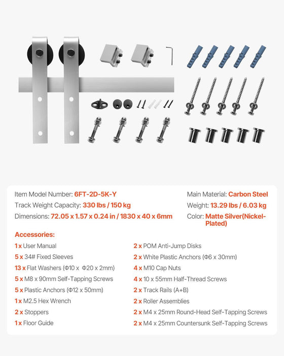 6FT Sliding Barn Door Hardware Kit, 330 LBS Weight Capacity, Compatible with 36 Inches Max Width & 1-3/8 to 1-3/4 Inches Thickness Single Sliding Barn Door, Durable Track & J-shape Roller Silver