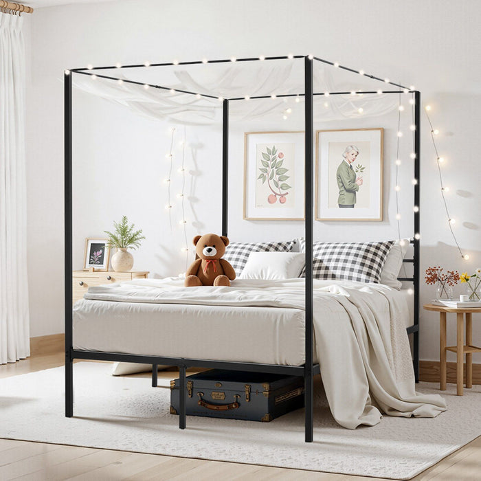Full Size Canopy Bed Frame, Metal Canopy Bed with Four Posters Design, Heavy Duty Steel Slats Support, Underbed Storage Space, No Box Spring Needed, Easy Assembly, Black