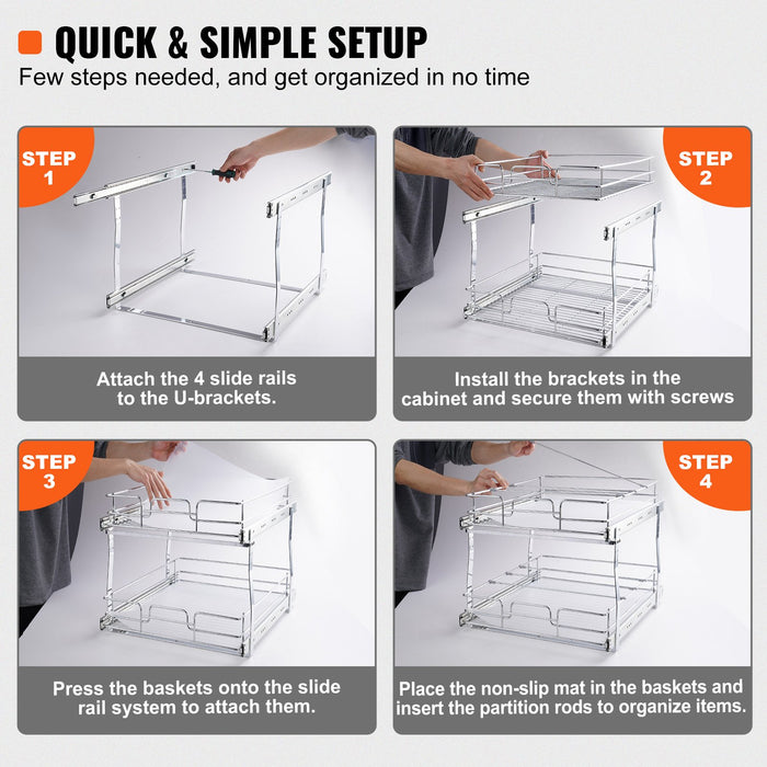 VEVOR 2-Tier Wire Pull Out Cabinet Under Sink Organizer 14x21 Inch Drawer Basket