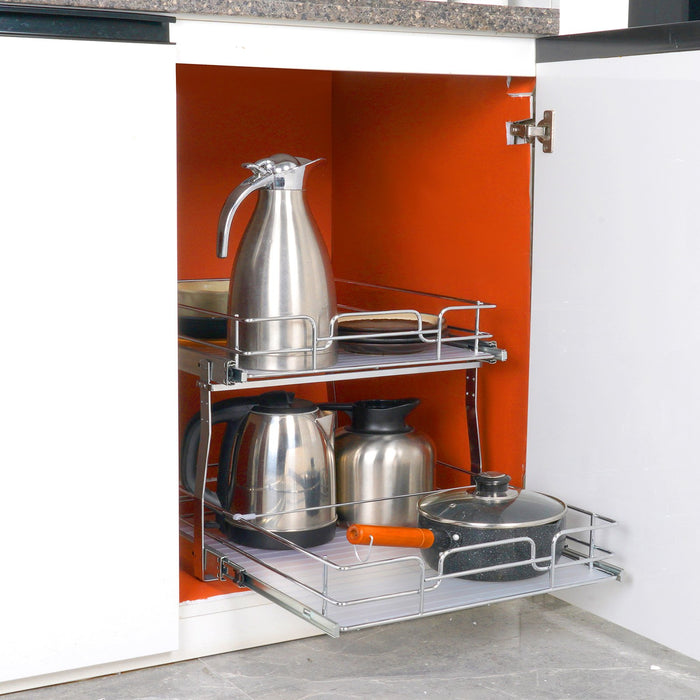 VEVOR 2 Tier 20"Wx21"Dx15"H Pull Out Cabinet Organizer, Heavy Duty Slide Out Pantry Shelves, Steel Roll Out Drawers, Sliding Drawer Storage for Home, 21.5"Wx22"Dx18"H Install Size for Cabinet