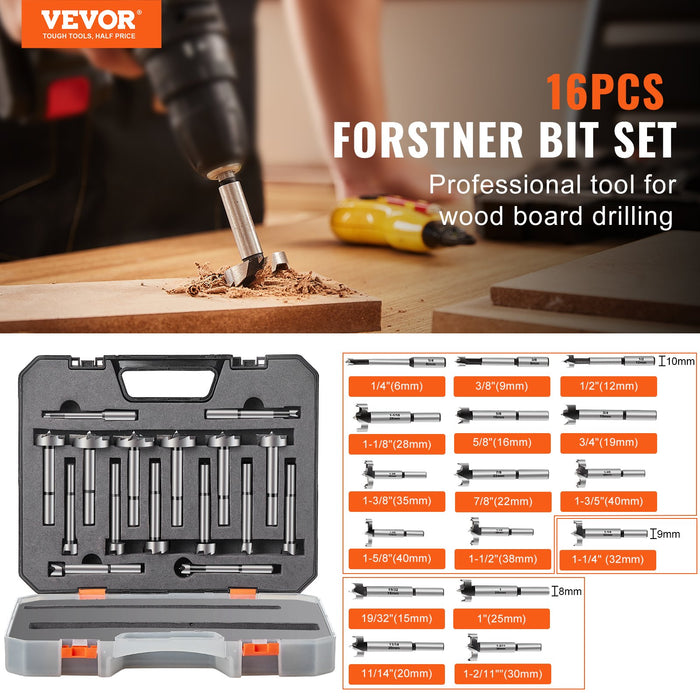 VEVOR Forstner Bit Set, 16 Pcs Forstner Drill Bits Set, 1/4" to 1-5/8", Carbon Steel, with Universal Round Shank, Forstner Drill Bit for Wood and Composite Board, Forstner Bits for Woodworking