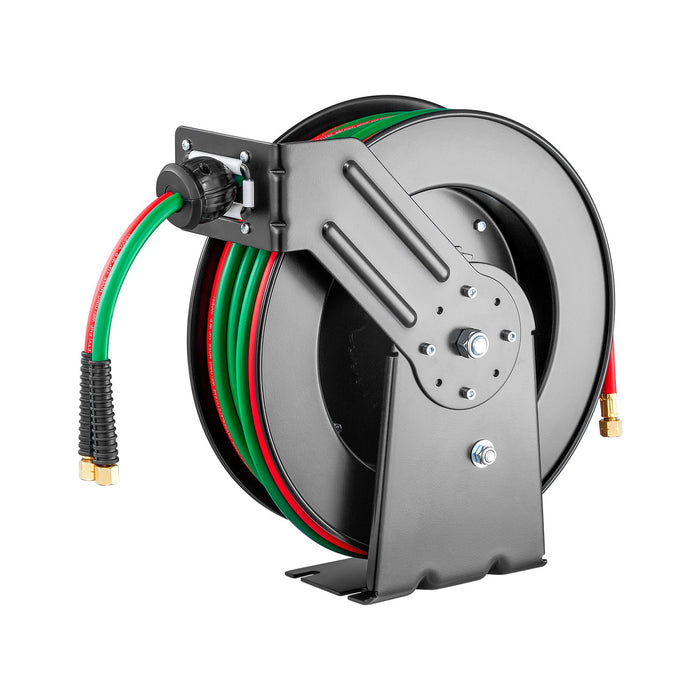 VEVOR Retractable Welding Hose Reel, 1/4-Inch x 50FT Twin Oxygen Acetylene Rubber Hose Max 300PSI - T Grade, Ceiling/Wall Mount Heavy Duty Steel Hose Reel Auto-Rewind, Ideal for Workshops Garages