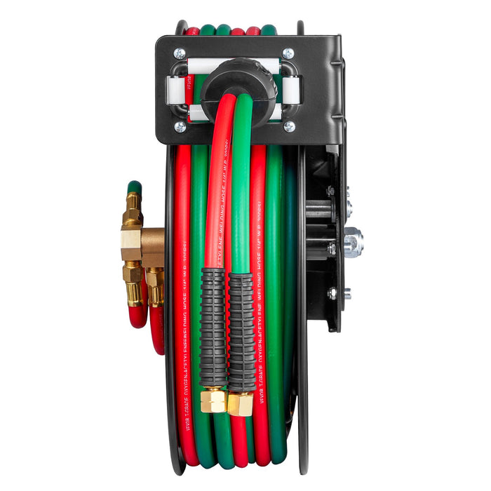 VEVOR Retractable Welding Hose Reel, 1/4-Inch x 50FT Twin Oxygen Acetylene Rubber Hose Max 300PSI - T Grade, Ceiling/Wall Mount Heavy Duty Steel Hose Reel Auto-Rewind, Ideal for Workshops Garages