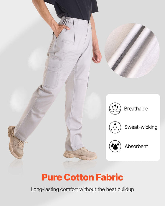 FR Pants for Men, 100% Cotton, Flame-Resistant Cargo Pants with Multi-Pockets and Elastic Waist, Reinforced Tear-proof Stitching, Ideal for Welding Work and Casual Wear, M Size, Gray