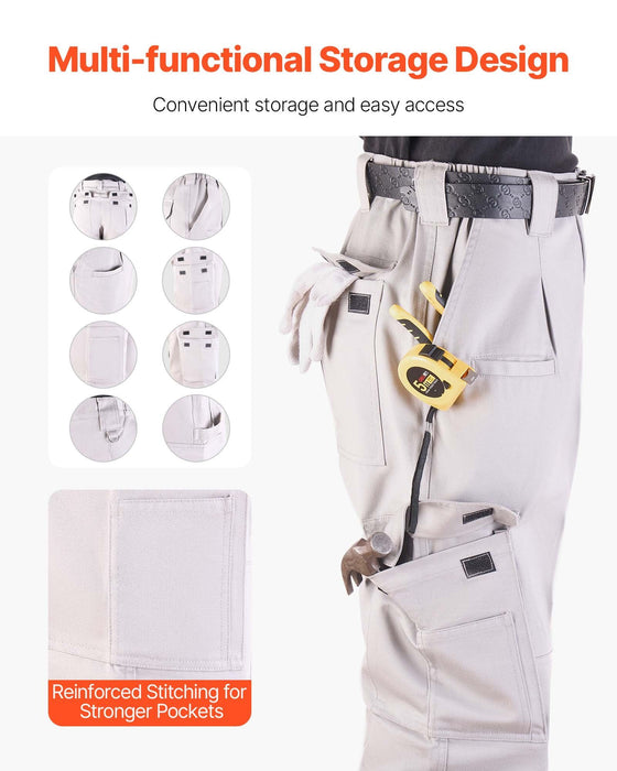 FR Pants for Men, 100% Cotton, Flame-Resistant Cargo Pants with Multi-Pockets and Elastic Waist, Reinforced Tear-proof Stitching, Ideal for Welding Work and Casual Wear, XXL Size, Gray
