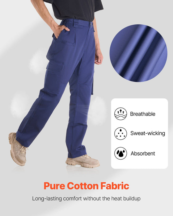 FR Pants for Men, 100% Cotton, Flame-Resistant Cargo Pants with Multi-Pockets and Elastic Waist, Reinforced Tear-proof Stitching, Ideal for Welding Work and Casual Wear, M Size, Dark Blue