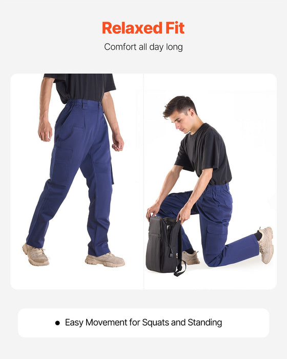 FR Pants for Men, 100% Cotton, Flame-Resistant Cargo Pants with Multi-Pockets and Elastic Waist, Reinforced Tear-proof Stitching, Ideal for Welding Work and Casual Wear, XXL Size, Dark Blue