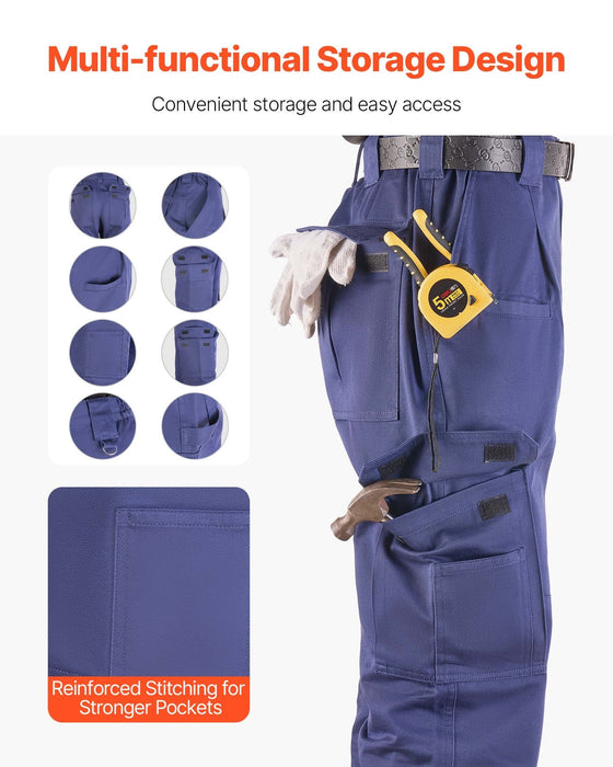 FR Pants for Men, 100% Cotton, Flame-Resistant Cargo Pants with Multi-Pockets and Elastic Waist, Reinforced Tear-proof Stitching, Ideal for Welding Work and Casual Wear, XXL Size, Dark Blue