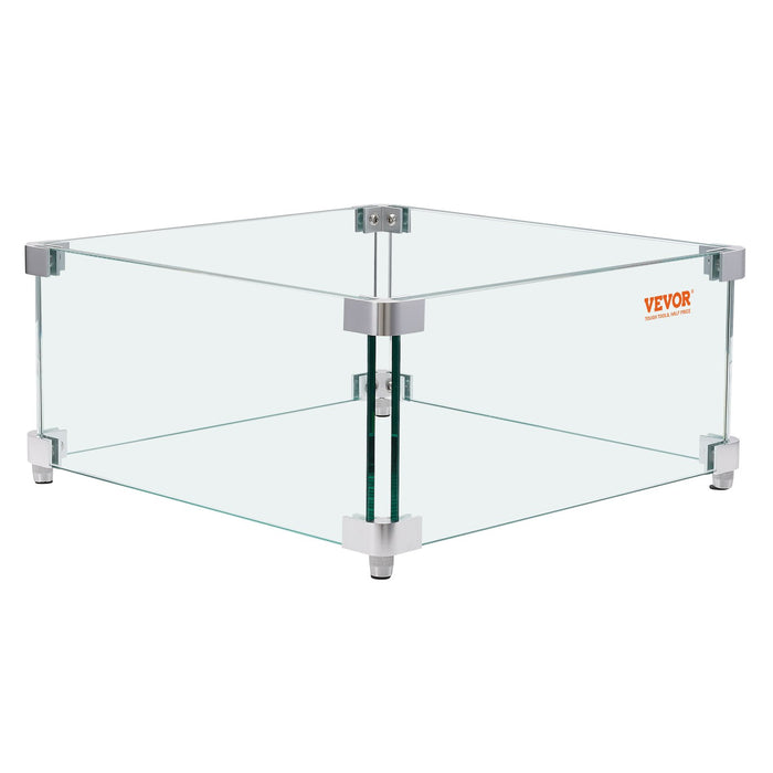 VEVOR Gas Fire Pit Wind Guard for Square Fire Table, 380 x 380 x 180 mm Clear Tempered Wind Guard for Firepits, 8mm Thick Square Glass Shield, Glass Panel with Hard Corner Bracket & Feet