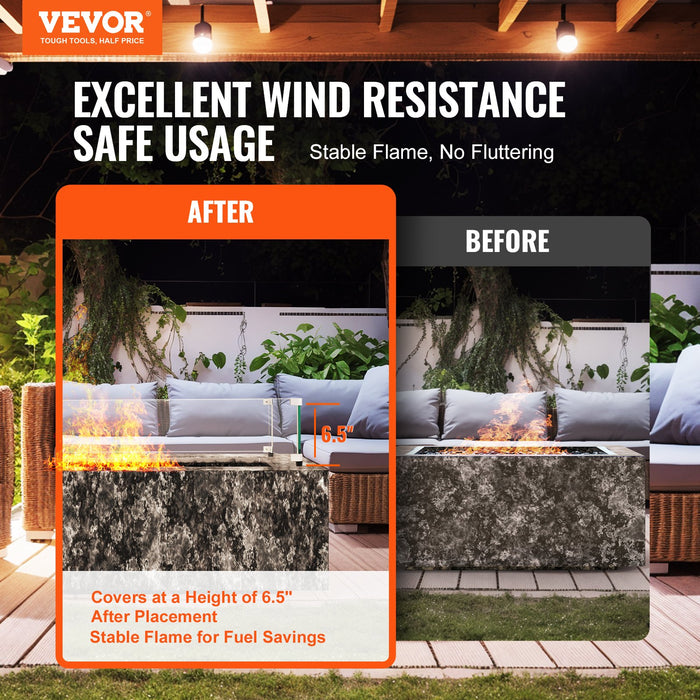 VEVOR Glass Wind Guard for Rectangular Fire Pit Table 798 x 317 x 165 mm, 8mm Thick and Sturdy Tempered Glass Panel with Hard Aluminum Corner Bracket & Rubber Feet, Easy to Assemble
