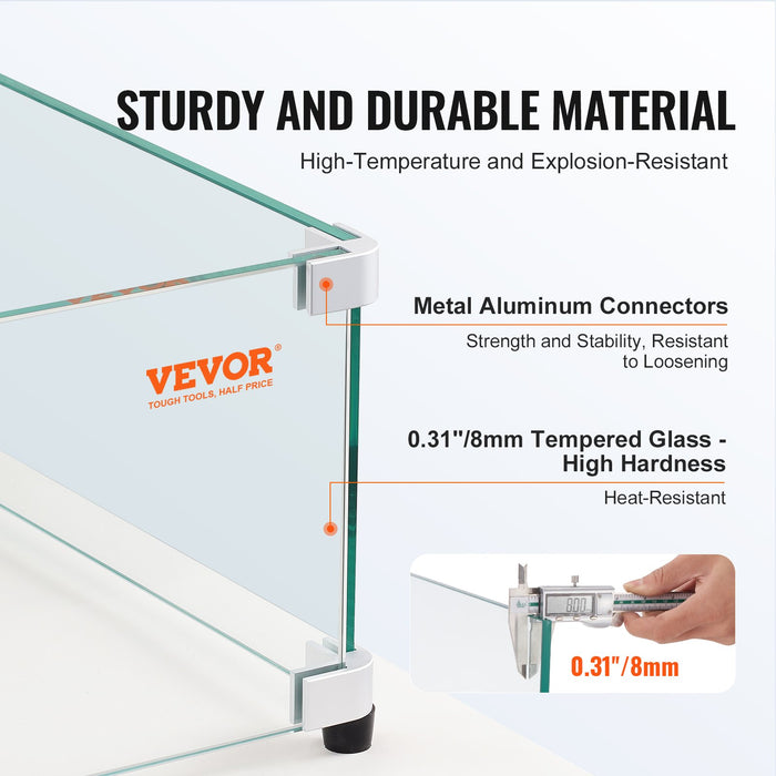 VEVOR Glass Wind Guard for Rectangular Fire Pit Table 798 x 317 x 165 mm, 8mm Thick and Sturdy Tempered Glass Panel with Hard Aluminum Corner Bracket & Rubber Feet, Easy to Assemble