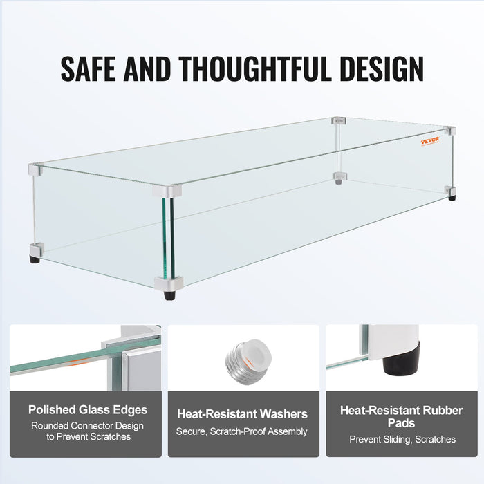 VEVOR Glass Wind Guard for Rectangular Fire Pit Table 798 x 317 x 165 mm, 8mm Thick and Sturdy Tempered Glass Panel with Hard Aluminum Corner Bracket & Rubber Feet, Easy to Assemble