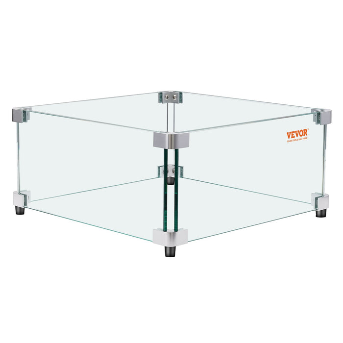VEVOR Gas Fire Pit Wind Guard for Square Fire Table, 493 x 493 x 191 mm Clear Tempered Wind Guard for Firepits, 8mm Thick Square Glass Shield, Glass Panel with Hard Corner Bracket & Feet