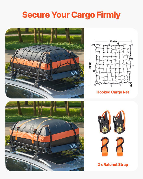 Roof Rack Basket, 1300 x 910 x 105 mm, Universal Rooftop Cargo Carrier with 44.1 x 34.3 x 10.2 in Cargo Bag, Net, Ratchet Straps, 90.7 kg Max Load Capacity Car Top Luggage Holder, for SUV Car