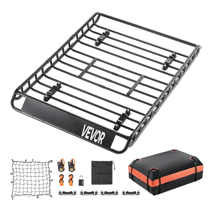 Roof Rack Basket, 1300 x 910 x 105 mm, Universal Rooftop Cargo Carrier with 44.1 x 34.3 x 10.2 in Cargo Bag, Net, Ratchet Straps, 90.7 kg Max Load Capacity Car Top Luggage Holder, for SUV Car