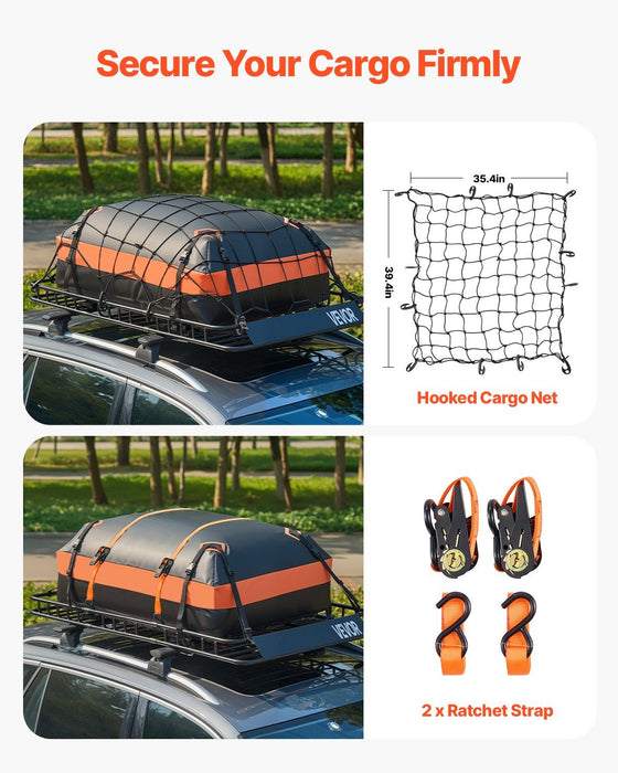 Roof Rack Basket, 1625 x 990 x 105 mm, Universal Rooftop Cargo Carrier with 1120 x 870 x 260 mm Cargo Bag, Net, Ratchet Straps, 113.4 kg Max Load Capacity Car Top Luggage Holder, for SUV Car