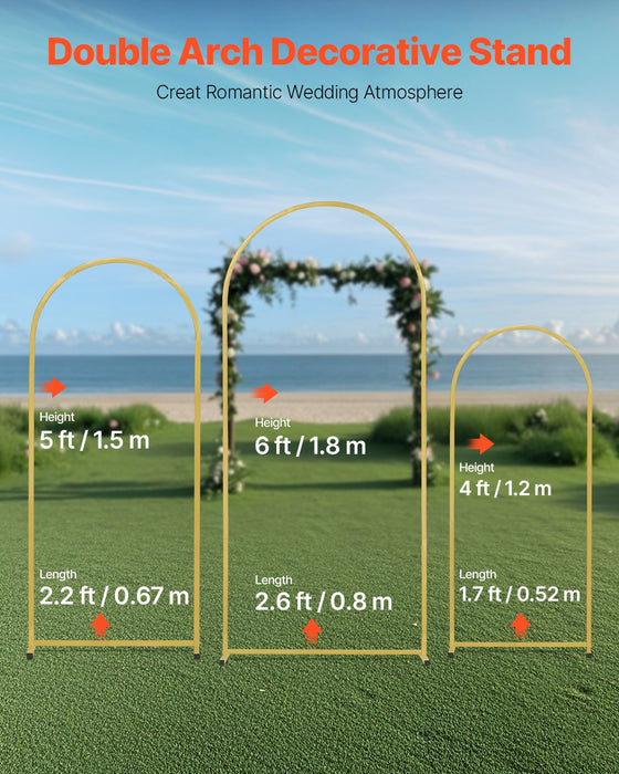 VEVOR Wedding Arch Backdrop Stand, Set of 3, Metal Stable Stand with Case Connection & Chassis Crossbar Design, Easy-to-Assemble Gold Stand with Premium Metal, Fit for Birthday, Celebration, Holiday