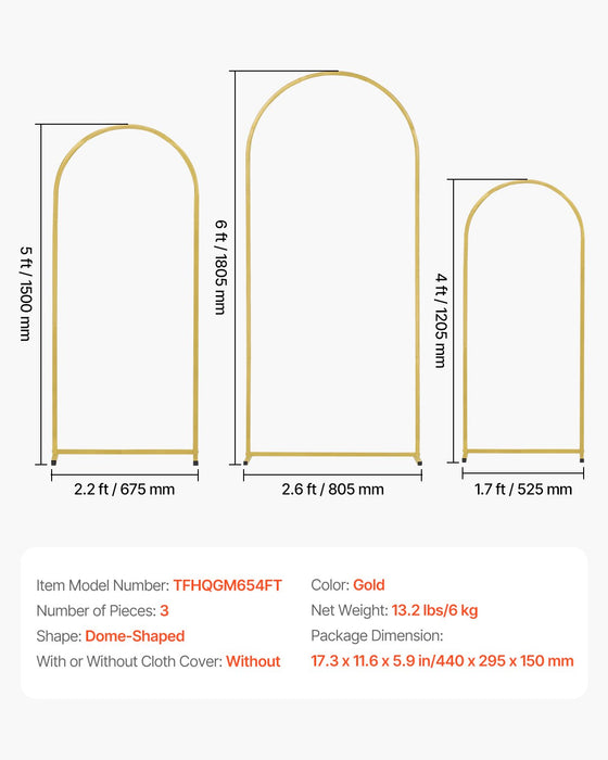 VEVOR Wedding Arch Backdrop Stand, Set of 3, Metal Stable Stand with Case Connection & Chassis Crossbar Design, Easy-to-Assemble Gold Stand with Premium Metal, Fit for Birthday, Celebration, Holiday