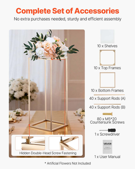 VEVOR Wedding Flower Stand, 10PCS 60cm Column Flower Stand, Floral Stands with Acrylic Laminate, Gold Rectangular Floral Display Rack for Wedding, Party, Birthday, Home,  Gold Centerpiece Stands