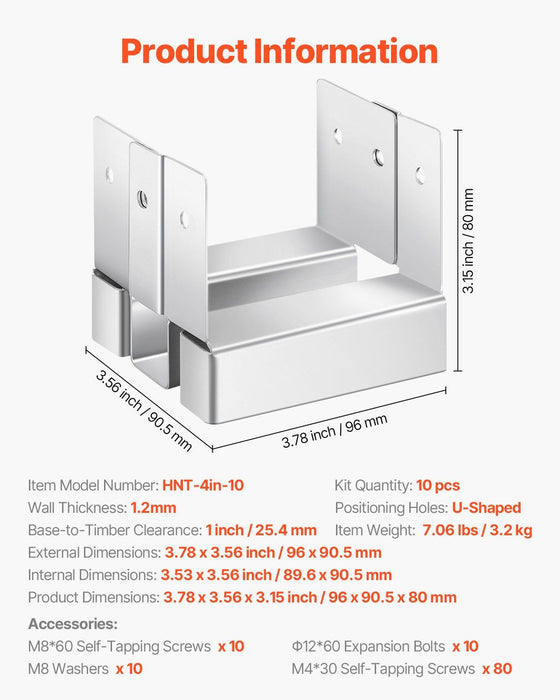 4x4 Post Base 10 Pcs, Inner Size 3.53x3.56inch/89.6x90.5mm Concrete Post Anchor, Heavy-Duty Zinc-Plated Carbon Steel Posts Brackets with 1 Inch Standoff Elevation, for Concrete Pergolas Patios
