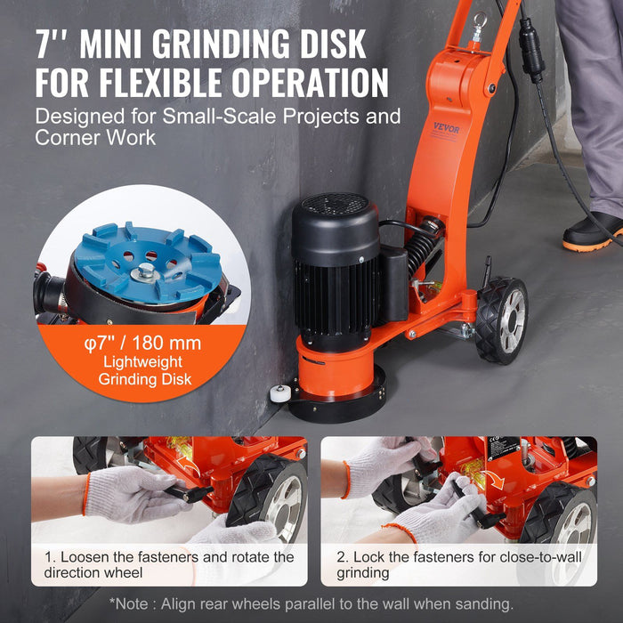Electric Concrete Floor Grinder 7" Walk-Behind Grinder 2.0HP Concrete Floor Polisher, 1500W Grinding Machine, 1400RPM Upgrade Brushless Motor Surfacing Grinder for Granite/Marble/Stones
