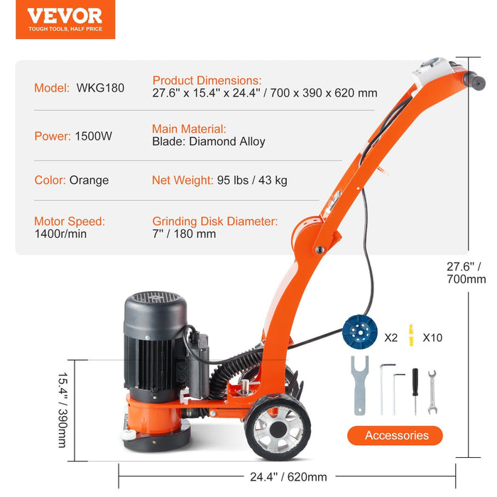 Electric Concrete Floor Grinder 7" Walk-Behind Grinder 2.0HP Concrete Floor Polisher, 1500W Grinding Machine, 1400RPM Upgrade Brushless Motor Surfacing Grinder for Granite/Marble/Stones
