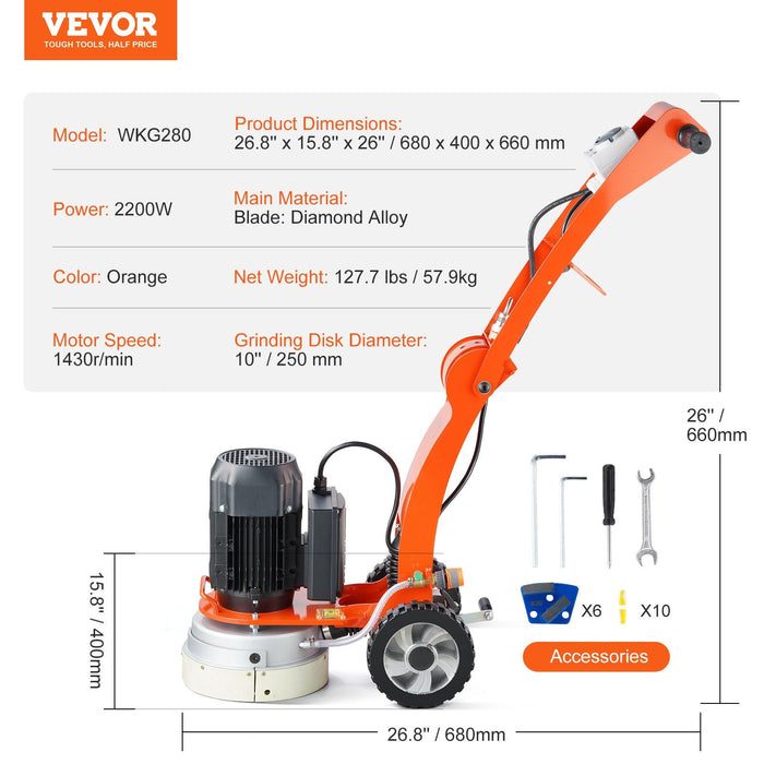 Electric Concrete Floor Grinder 10" Walk-Behind Grinder 3.0HP Concrete Floor Polisher, 2200W Grinding Machine, 1430RPM Upgrade Brushless Motor Surfacing Grinder for Granite/Marble/Stones