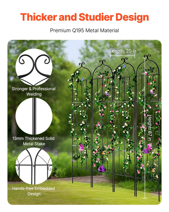VEVOR Garden Trellis for Climbing Plants, 87 x 20 in, 4 Packs Rustproof Metal Garden Flower Trellis, Outdoor Climbing Rose Trellis Cucumbers Support, Decorative Clematis Trellis for Courtyards Lawns