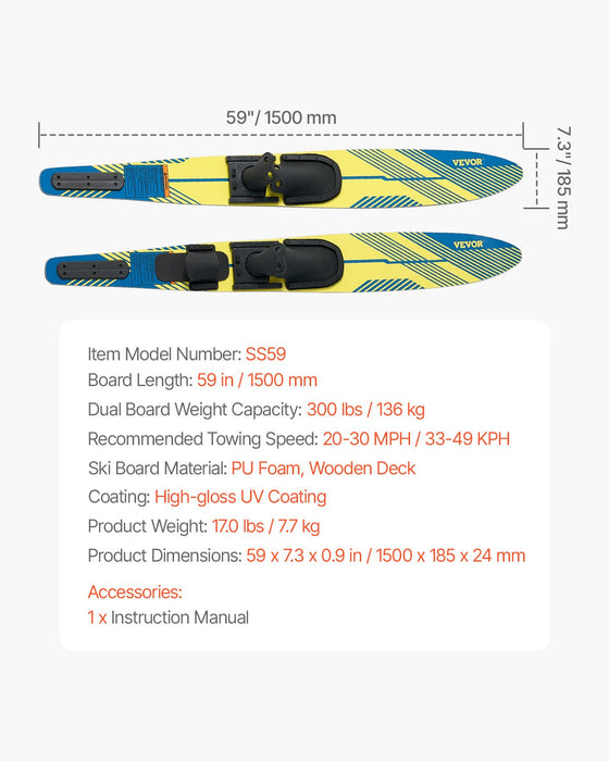 VEVOR 150 cm Water Skis Combo Adults Water Skis with X-7 Adjustable Bindings