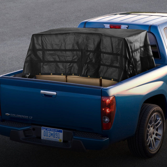 Cargo Net, 3050 x 2670 mm, Heavy Duty Truck Cargo Net for Truck Bed, 4 Adjustable Straps with Carabiners and Rubber Coated Hooks, Durable, Suitable for Pickup, Jeep, Truck, SUV, Boat (Black)