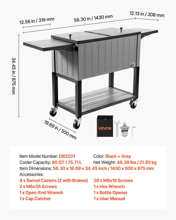 75.7L Rolling Ice Chest, Hold up to 50 Bottles / 110 Cans, Portable Patio Party Bar Drink Cooler Cart with Bottom Shelf & Foldable Side Shelves, Beverage Pool with Swivel Wheels & Bottle Opener