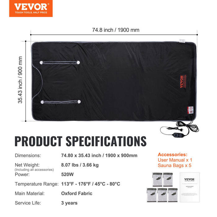 VEVOR Sauna Blanket for Detoxification, Portable Far Infrared Sauna for Home, Oxford Sauna Bag w/ Arm Holes & Carbon Fiber Heating, 1-6 Level Adjustable Temp35-80°C, 5-60 Minutes Timer, 1900x900mm