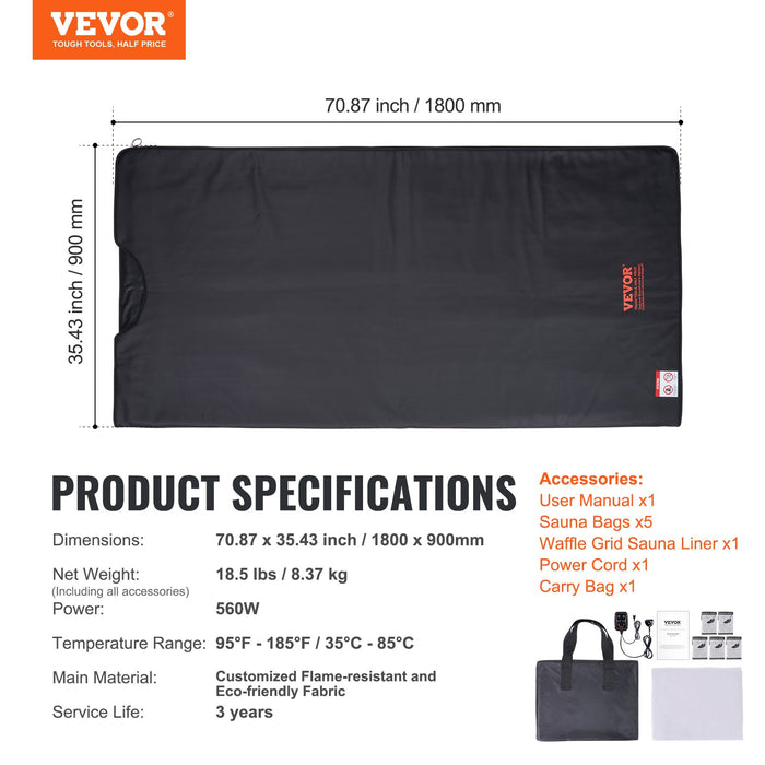 VEVOR Sauna Blanket for Detoxification, Portable Far Infrared Sauna for Home Relaxation, 1-6 Level Adjustable Temprature Rannge 35-85°C, 1-60 Minutes Timer,1800x800mm