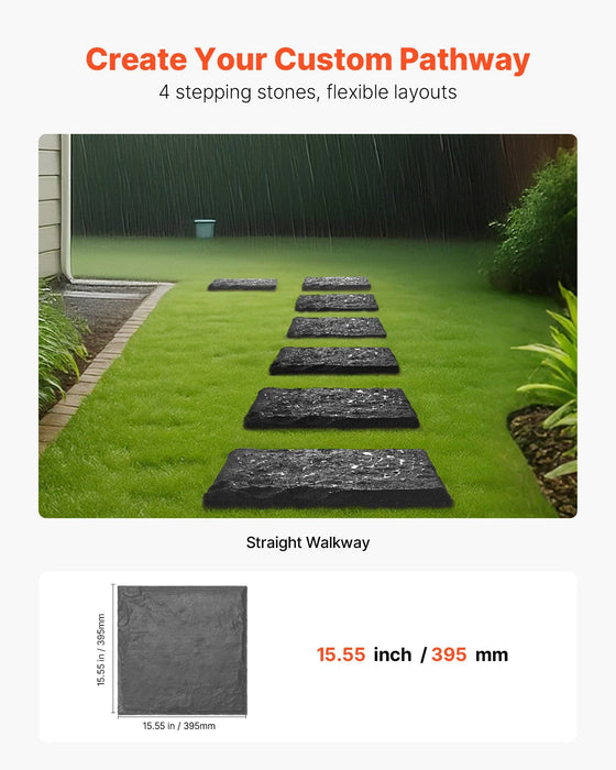 Garden Stepping Stones, 4Pcs 39.5x39.5 cm Decorative Stepping Stones with Stakes, Weather-Resistant Plastic Pathway Pavers, Smooth Surface, Outdoor Walkway for Lawn Patio Landscape, Grey