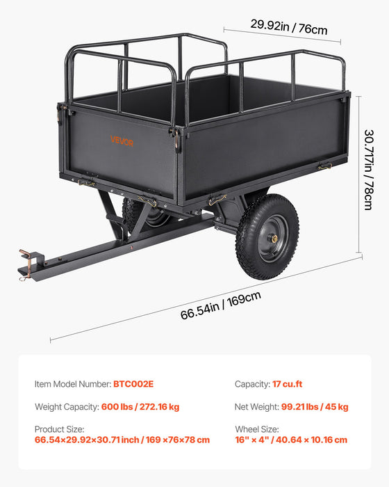 VEVOR Garden Utility Trailer, 17 Cu. Ft & 272 kg Capacity, ATV UTV Hauling Trailer, Tow Behind Steel Dump Cart with 16" Tires, Hand Pull or Foot Pedal, Heavy Duty Yard Trailers for Lawn Mower Tractor