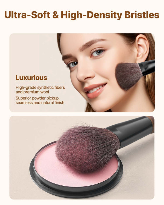VEVOR 9-Piece Makeup Brush Set for Foundation Blending Eyeshadow, Professional Makeup Brush Kit with Soft Natural Wool & Vegan Synthetic Bristles, Ergonomic Wood Handle, Travel-Friendly Storage Bag