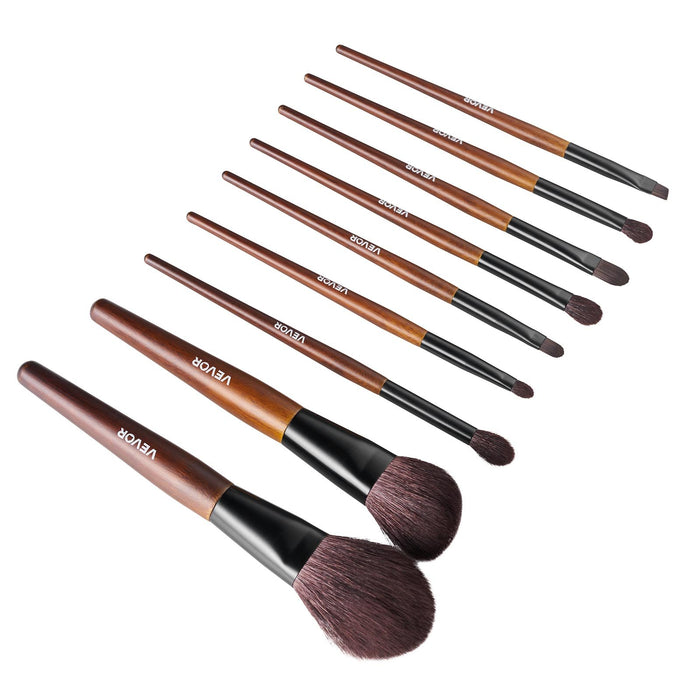 VEVOR 9-Piece Makeup Brush Set for Foundation Blending Eyeshadow, Professional Makeup Brush Kit with Soft Natural Wool & Vegan Synthetic Bristles, Ergonomic Wood Handle, Travel-Friendly Storage Bag