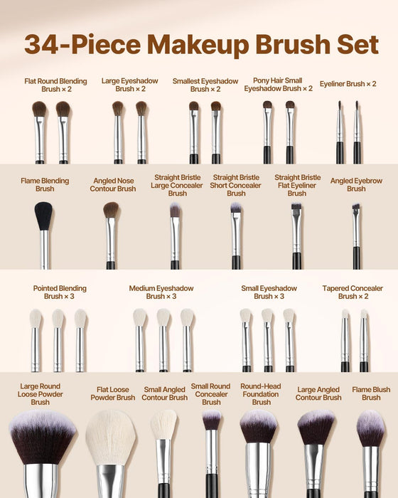 VEVOR 34-Piece Makeup Brush Set, Professional Brushes Kit for Foundation Blending Eyeshadow Concealer Blush - with Soft Bristles, Ergonomic Wood Handle, Travel-Friendly Case Included