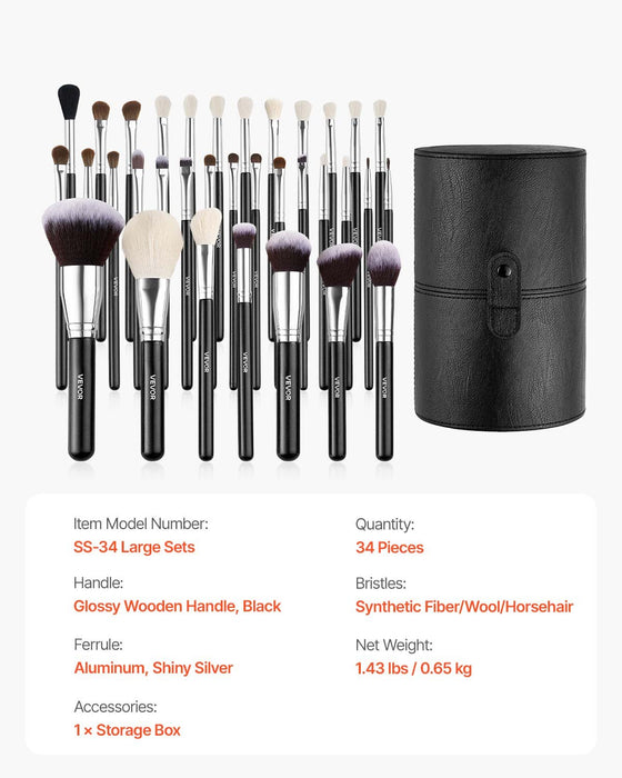 VEVOR 34-Piece Makeup Brush Set, Professional Brushes Kit for Foundation Blending Eyeshadow Concealer Blush - with Soft Bristles, Ergonomic Wood Handle, Travel-Friendly Case Included