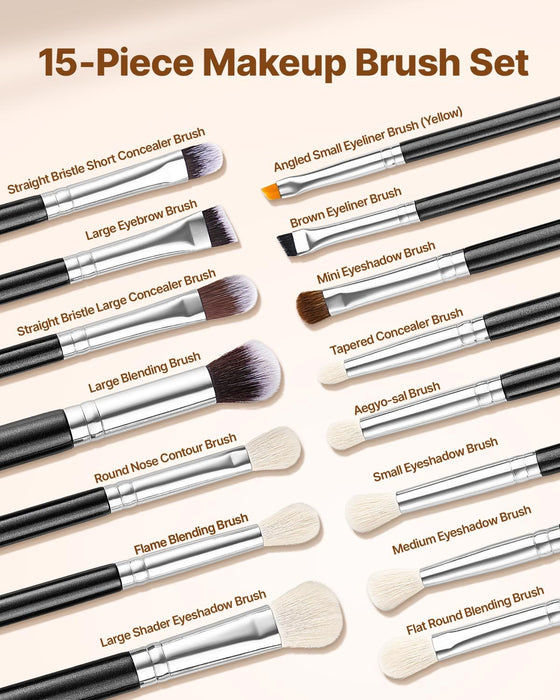 VEVOR 15-Piece Makeup Brush Set for Foundation Blending Eyeshadow, Professional Vegan Brushes with Soft Synthetic Bristles, Ergonomic Wood Handle & Aluminum Ferrule, Portable and Travel-Friendly