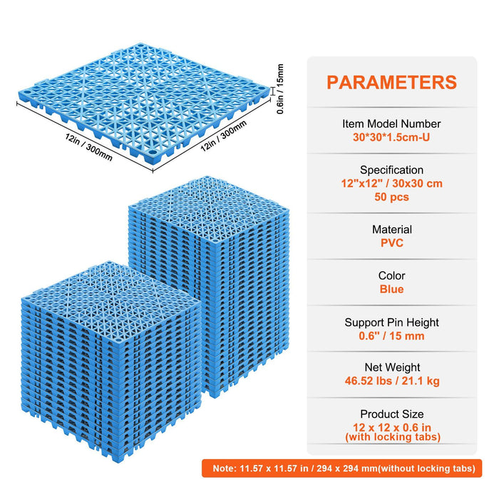 Modular Interlocking Cushion, 50 Pack 30 x 30 cm Splicing Drainage Mats, Soft PVC Interlocking Drainage Floor Tiles, Non-Slip Drainage Holes for Restroom, Bathroom, Kitchen, Pool, Wet Area, Blue