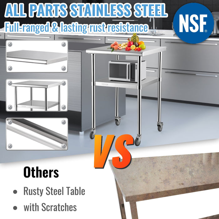 VEVOR Stainless Steel Prep Table, 61 x 61 x 91.4 cm, 600lbs Load Capacity Heavy Duty Metal Worktable with Adjustable Undershelf & Universal Wheels, Commercial Workstation for Kitchen Garage Backyard