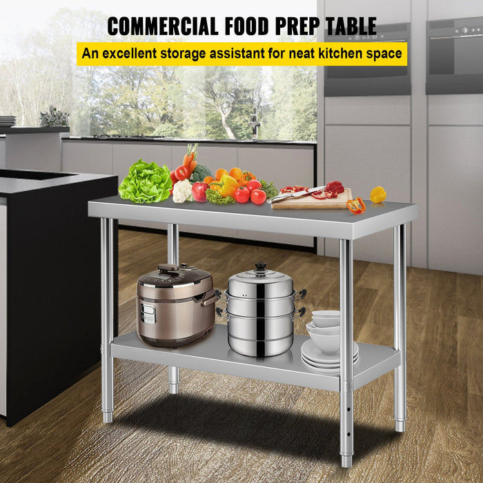 VEVOR Stainless Steel Prep Table, 122 x 46 x 86 cm, 250kg Load Capacity Heavy Duty Metal Worktable with Adjustable Undershelf, Commercial Workstation for Kitchen Restaurant Garage Backyard