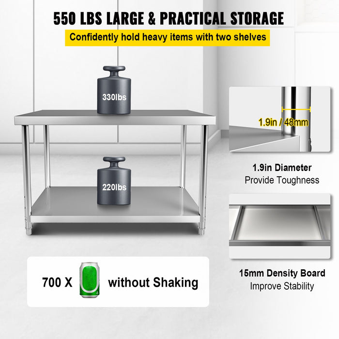VEVOR Stainless Steel Prep Table, 122 x 46 x 86 cm, 250kg Load Capacity Heavy Duty Metal Worktable with Adjustable Undershelf, Commercial Workstation for Kitchen Restaurant Garage Backyard